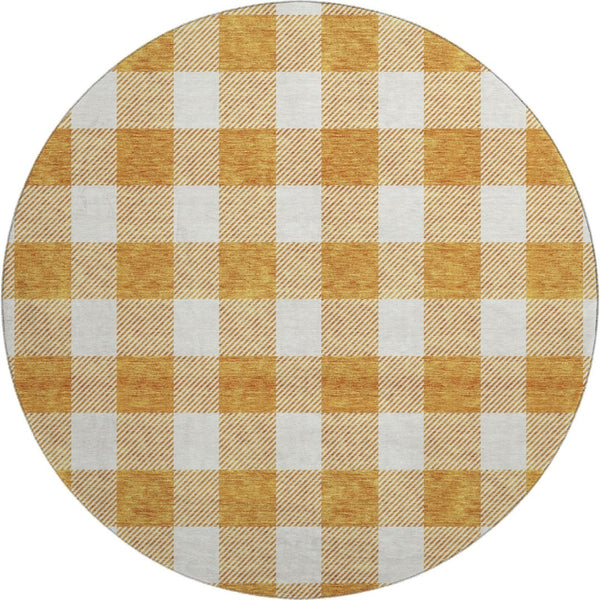 HomeRoots 8' Orange and Ivory Plaid Washable Round Rug - Durable, UV-Protected, Stain-Resistant for Busy Homes 673396