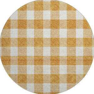 HomeRoots 8' Orange and Ivory Plaid Washable Round Rug - Durable, UV-Protected, Stain-Resistant for Busy Homes 673396