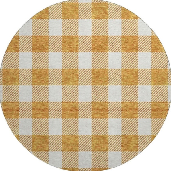 HomeRoots 8' Orange and Ivory Plaid Washable Round Rug - Durable, UV-Protected, Stain-Resistant for Busy Homes 673396