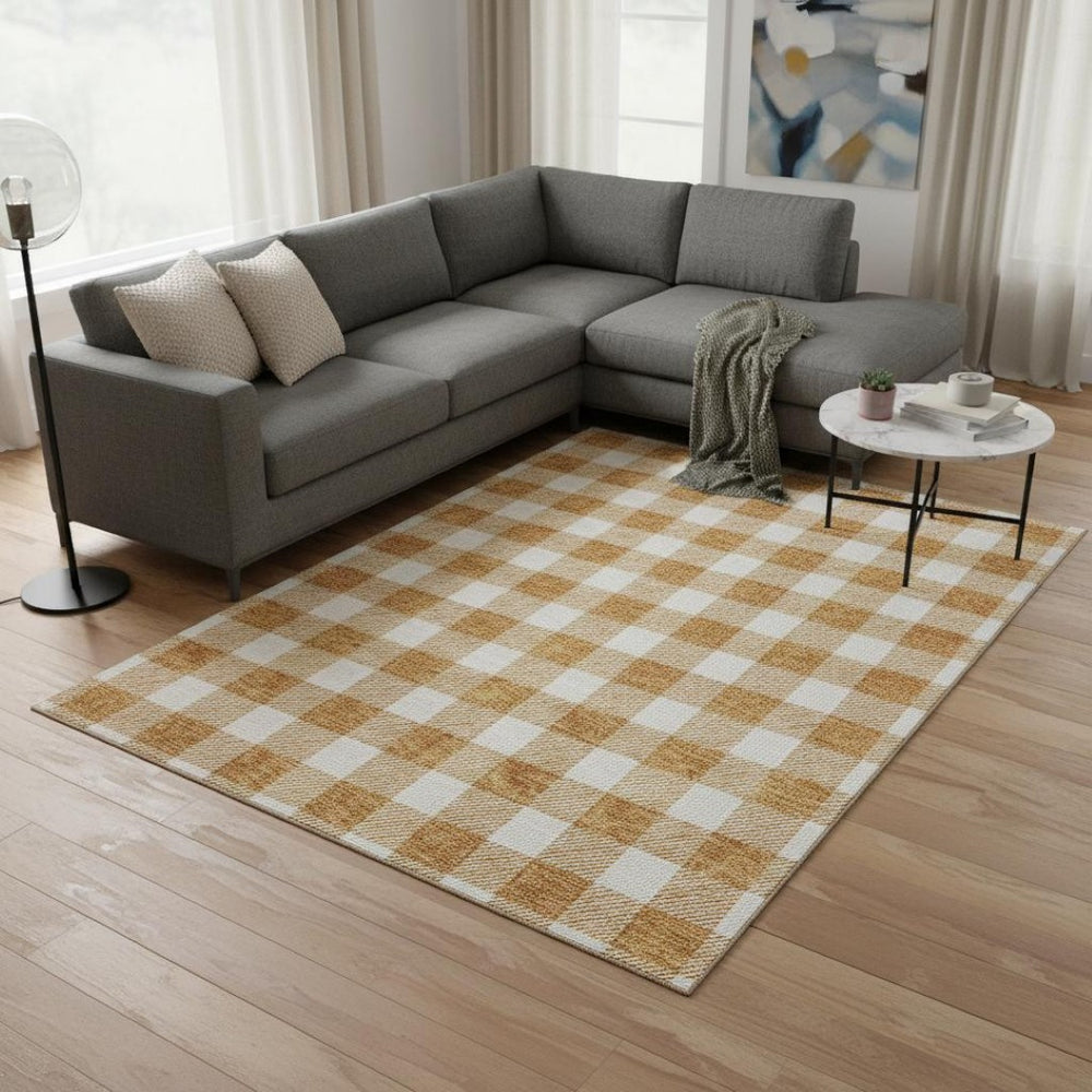 HomeRoots 8' X 10' Orange and Ivory Plaid Washable Area Rug with UV Protection for Family Spaces and Patios 673397