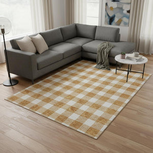 HomeRoots 8' X 10' Orange and Ivory Plaid Washable Area Rug with UV Protection for Family Spaces and Patios 673397
