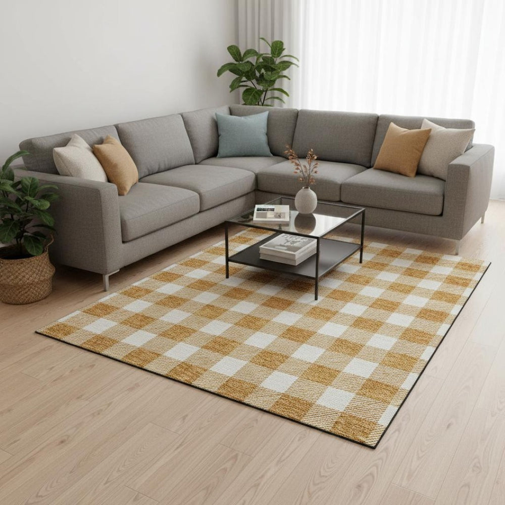 HomeRoots 9' X 12' Orange and Ivory Plaid Area Rug - Washable, Stain-Resistant, UV Protected, Perfect for Homes! 673398
