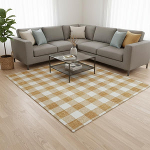 HomeRoots 10' X 14' Orange And Ivory Plaid Washable Area Rug – Durable, UV-Protected, Perfect for Family Spaces! 673399