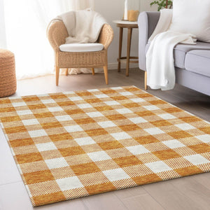 HomeRoots 10' X 14' Orange And Ivory Plaid Washable Area Rug – Durable, UV-Protected, Perfect for Family Spaces! 673399
