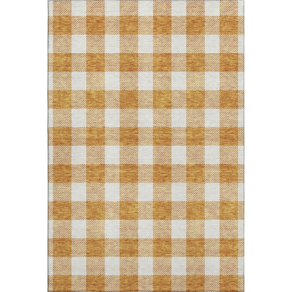 HomeRoots 10' X 14' Orange And Ivory Plaid Washable Area Rug – Durable, UV-Protected, Perfect for Family Spaces! 673399