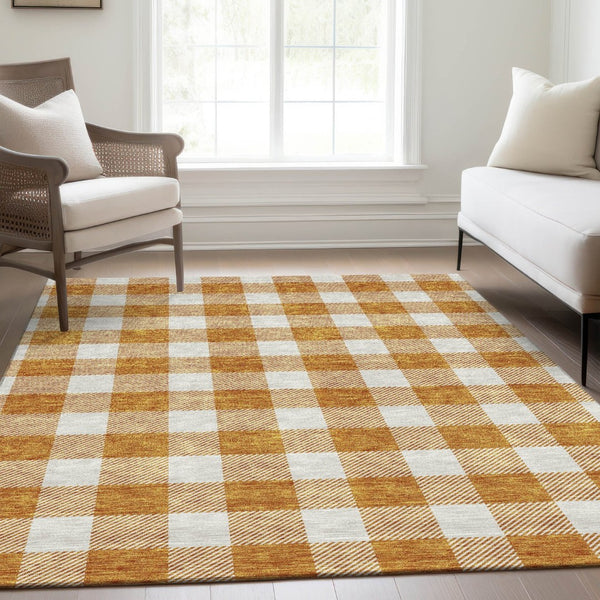 HomeRoots 10' X 14' Orange And Ivory Plaid Washable Area Rug – Durable, UV-Protected, Perfect for Family Spaces! 673399
