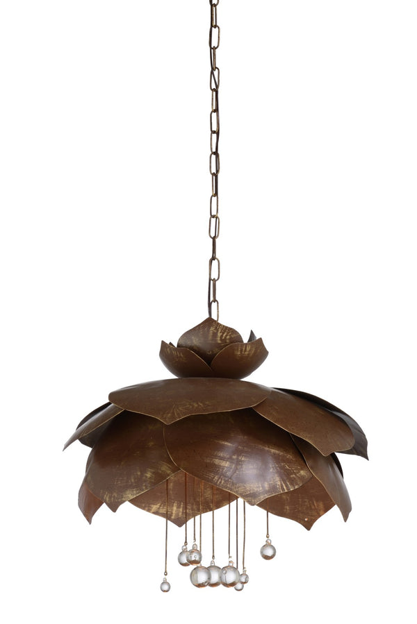 Wildwood Droplet Brown & Gold Six-Light Pendant With Crystal Teardrops, 6' Chain, Flower-Petal Canopy Elegance 67340