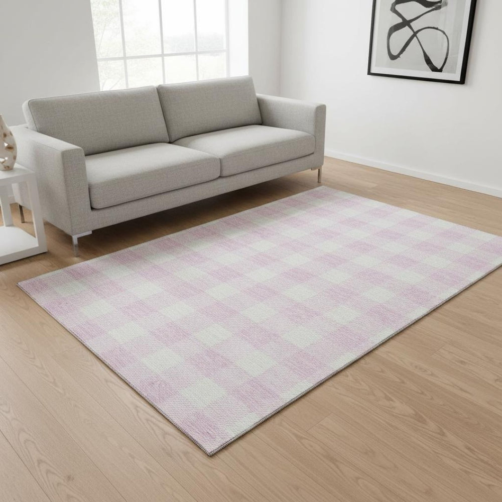 HomeRoots 5' X 8' Pink and Ivory Plaid Washable Area Rug - Durable, Stain-Resistant, UV Protected for Homes! 673401
