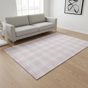 HomeRoots 5' X 8' Pink and Ivory Plaid Washable Area Rug - Durable, Stain-Resistant, UV Protected for Homes! 673401
