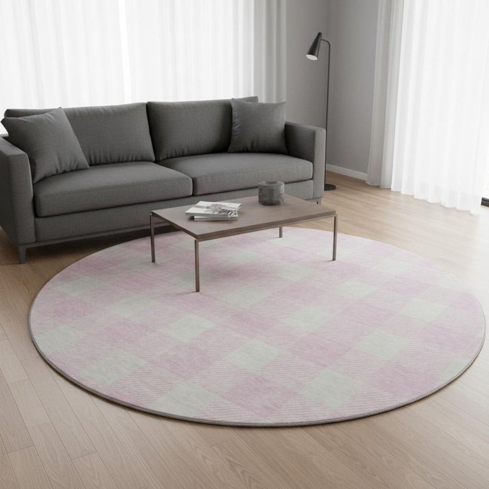 HomeRoots 8' Pink And Ivory Plaid Washable Round Rug - UV Protected, Stain Resistant, Durable & Stylish Decor 673402