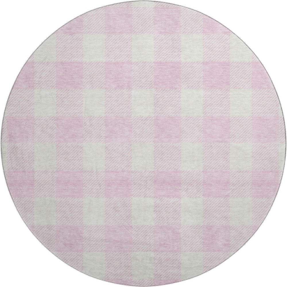 HomeRoots 8' Pink And Ivory Plaid Washable Round Rug - UV Protected, Stain Resistant, Durable & Stylish Decor 673402