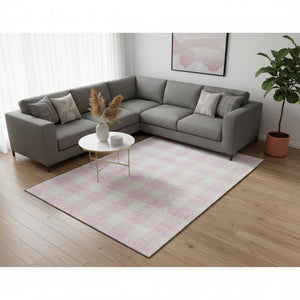 HomeRoots 8' X 10' Pink and Ivory Plaid Washable Area Rug with UV Protection, Stain-Resistant, Non-Slip Backing 673403