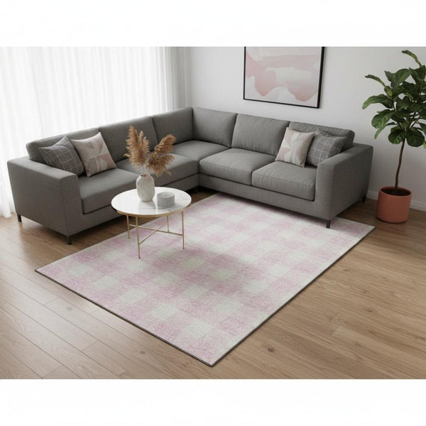 HomeRoots 8' X 10' Pink and Ivory Plaid Washable Area Rug with UV Protection, Stain-Resistant, Non-Slip Backing 673403