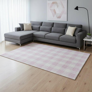 HomeRoots 9' X 12' Pink And Ivory Plaid Washable Area Rug - Durable, Stylish, UV Protected for High-Traffic Spaces 673404