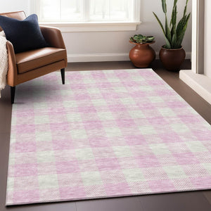 HomeRoots 9' X 12' Pink And Ivory Plaid Washable Area Rug - Durable, Stylish, UV Protected for High-Traffic Spaces 673404