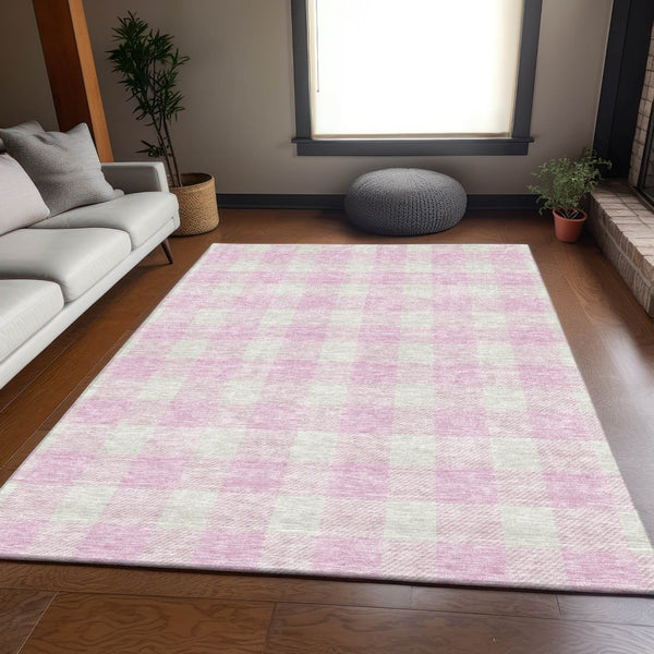 HomeRoots 9' X 12' Pink And Ivory Plaid Washable Area Rug - Durable, Stylish, UV Protected for High-Traffic Spaces 673404