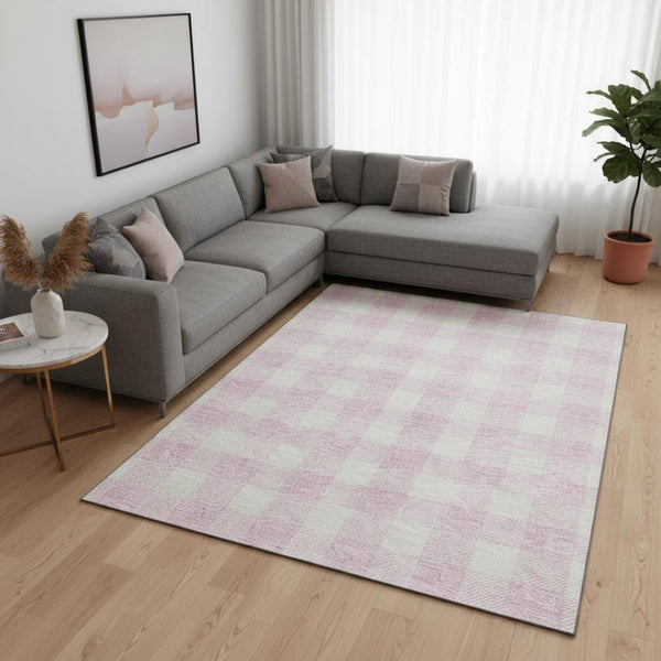 HomeRoots 10' X 14' Pink and Ivory Plaid Washable Area Rug - Durable, UV-Protected, Stain-Resistant Design for Homes 673405