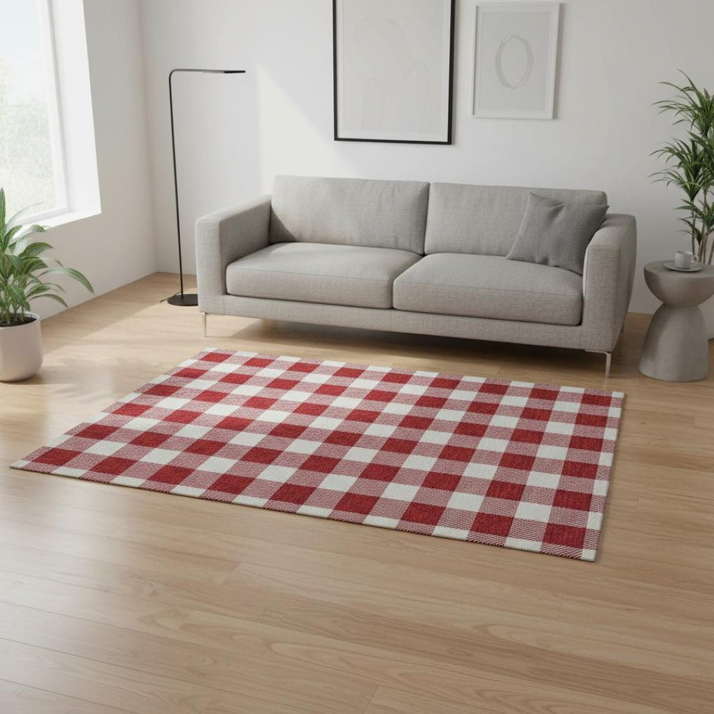 HomeRoots 5' X 8' Red And Ivory Plaid Area Rug – Durable, Washable, UV-Protected for Family Spaces & Patios 673407