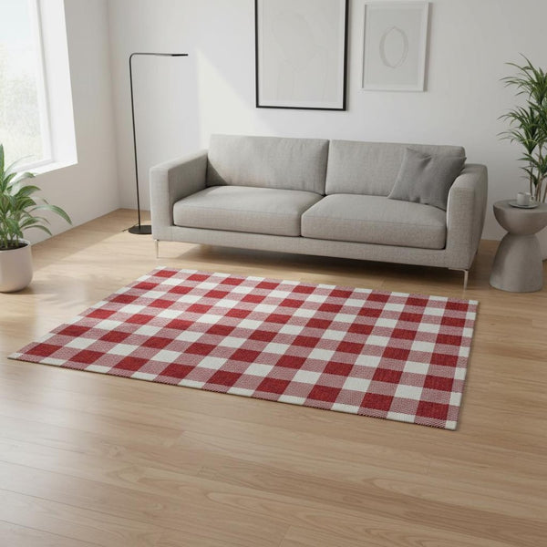 HomeRoots 5' X 8' Red And Ivory Plaid Area Rug – Durable, Washable, UV-Protected for Family Spaces & Patios 673407