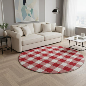 HomeRoots 8' Red and Ivory Plaid Washable Round Rug – Durable, UV Protected, Stain Resistant for Timeless Style 673408