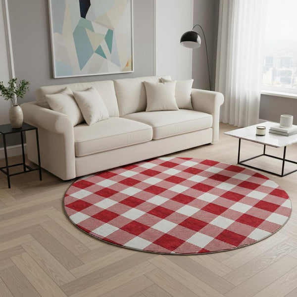 HomeRoots 8' Red and Ivory Plaid Washable Round Rug – Durable, UV Protected, Stain Resistant for Timeless Style 673408