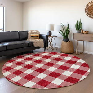 HomeRoots 8' Red and Ivory Plaid Washable Round Rug – Durable, UV Protected, Stain Resistant for Timeless Style 673408