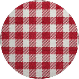 HomeRoots 8' Red and Ivory Plaid Washable Round Rug – Durable, UV Protected, Stain Resistant for Timeless Style 673408