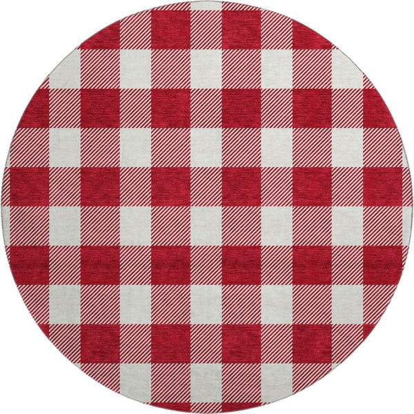HomeRoots 8' Red and Ivory Plaid Washable Round Rug – Durable, UV Protected, Stain Resistant for Timeless Style 673408