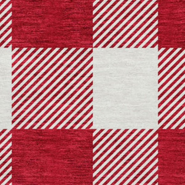 HomeRoots 8' Red and Ivory Plaid Washable Round Rug – Durable, UV Protected, Stain Resistant for Timeless Style 673408