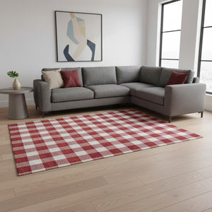 HomeRoots 8' X 10' Red And Ivory Plaid Area Rug - Stain Resistant, UV Protected, Perfect for Homes with Kids & Pets 673409