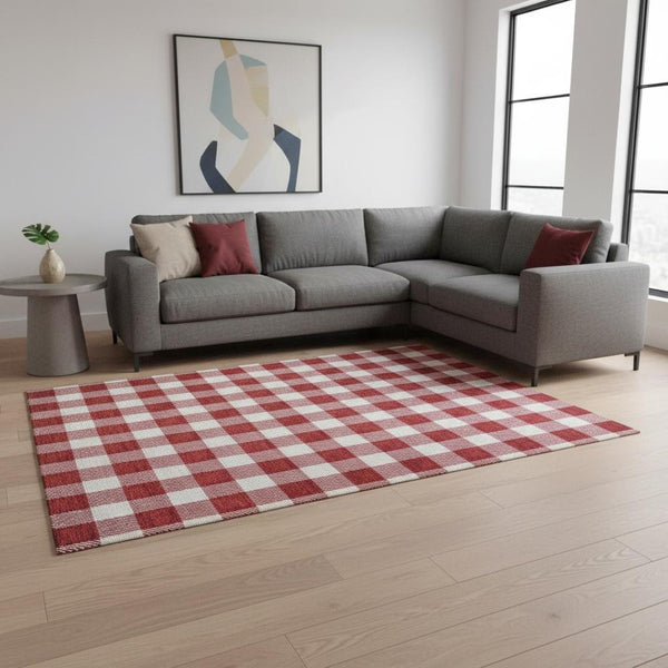 HomeRoots 8' X 10' Red And Ivory Plaid Area Rug - Stain Resistant, UV Protected, Perfect for Homes with Kids & Pets 673409