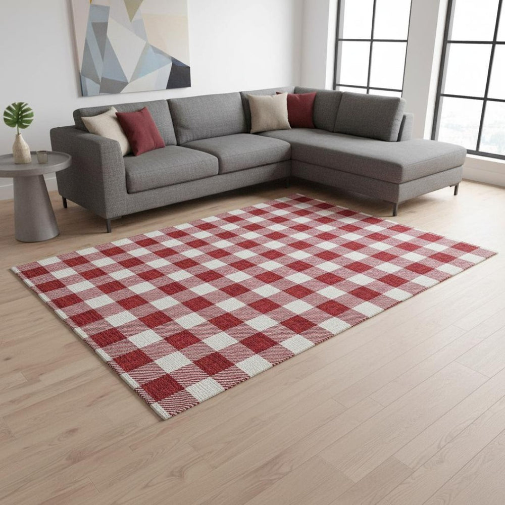 HomeRoots 9' X 12' Red Plaid Area Rug – Washable, UV-Protected, Durable & Stain-Resistant for Family Spaces 673410