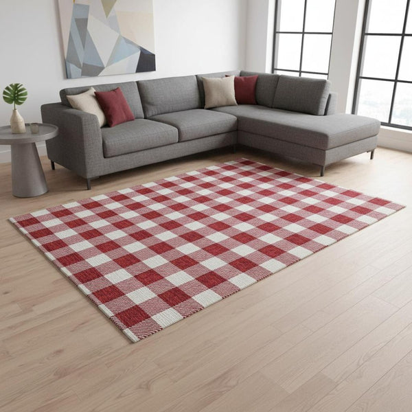 HomeRoots 9' X 12' Red Plaid Area Rug – Washable, UV-Protected, Durable & Stain-Resistant for Family Spaces 673410