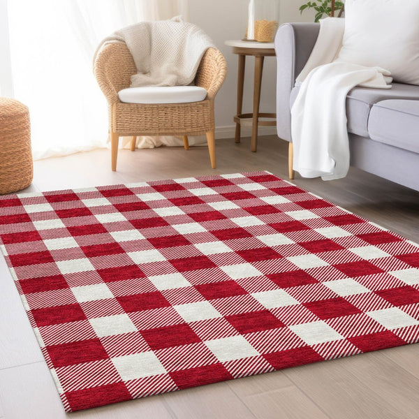 HomeRoots 9' X 12' Red Plaid Area Rug – Washable, UV-Protected, Durable & Stain-Resistant for Family Spaces 673410