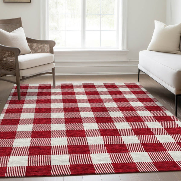HomeRoots 9' X 12' Red Plaid Area Rug – Washable, UV-Protected, Durable & Stain-Resistant for Family Spaces 673410