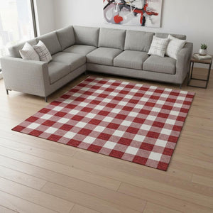 HomeRoots 10' X 14' Red & Ivory Plaid Area Rug - Washable, Stain Resistant, UV Protected for Busy Homes 673411