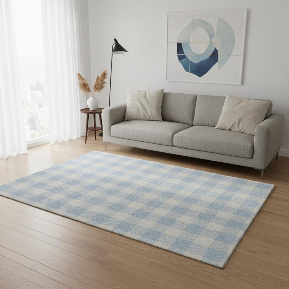 HomeRoots 5' X 8' Sky Blue and Ivory Plaid Washable Area Rug - Durable, Stain-Resistant, UV-Protected Design! 673413
