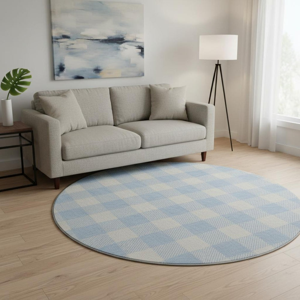 HomeRoots 8' Sky Blue & Ivory Plaid Washable Round Rug - Durable, Stain-Resistant with UV Protection for Any Room 673414