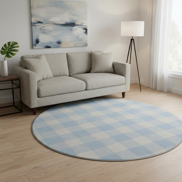 HomeRoots 8' Sky Blue & Ivory Plaid Washable Round Rug - Durable, Stain-Resistant with UV Protection for Any Room 673414