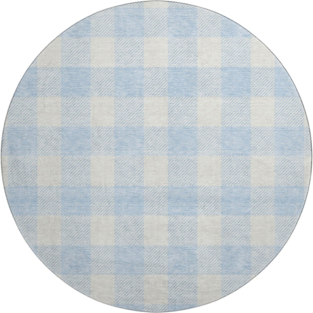HomeRoots 8' Sky Blue & Ivory Plaid Washable Round Rug - Durable, Stain-Resistant with UV Protection for Any Room 673414
