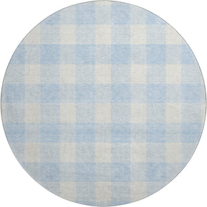 HomeRoots 8' Sky Blue & Ivory Plaid Washable Round Rug - Durable, Stain-Resistant with UV Protection for Any Room 673414