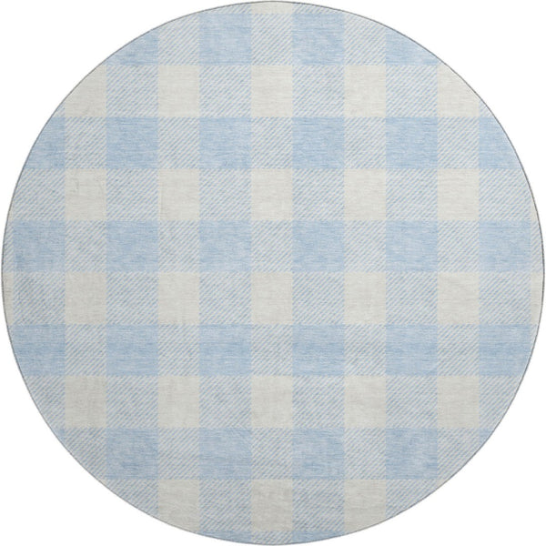 HomeRoots 8' Sky Blue & Ivory Plaid Washable Round Rug - Durable, Stain-Resistant with UV Protection for Any Room 673414