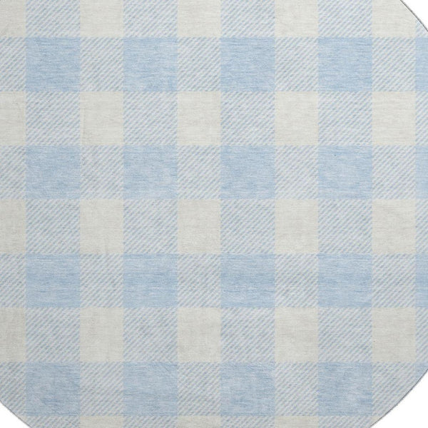HomeRoots 8' Sky Blue & Ivory Plaid Washable Round Rug - Durable, Stain-Resistant with UV Protection for Any Room 673414