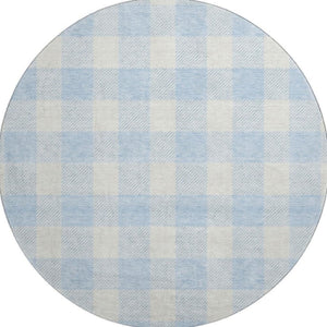HomeRoots 8' Sky Blue & Ivory Plaid Washable Round Rug - Durable, Stain-Resistant with UV Protection for Any Room 673414