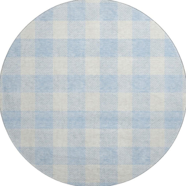 HomeRoots 8' Sky Blue & Ivory Plaid Washable Round Rug - Durable, Stain-Resistant with UV Protection for Any Room 673414