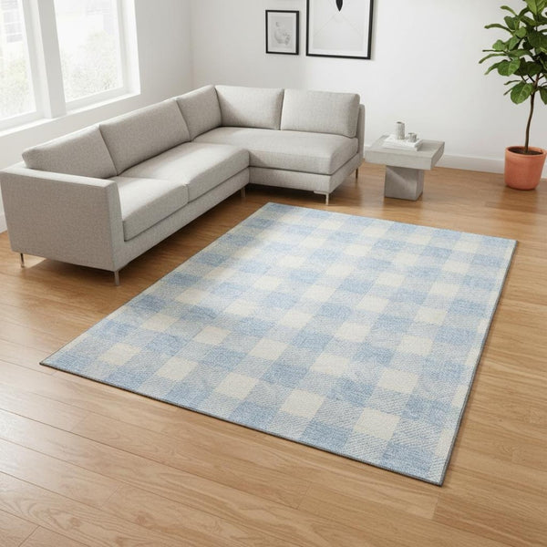 HomeRoots 8' X 10' Sky Blue and Ivory Plaid Area Rug - Durable, Washable, UV Protected for Family Spaces 673415