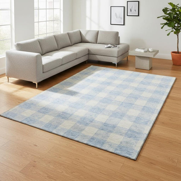 HomeRoots 9' X 12' Sky Blue & Ivory Plaid Area Rug - Durable, Washable, UV-Protected for Busy Homes & Style 673416