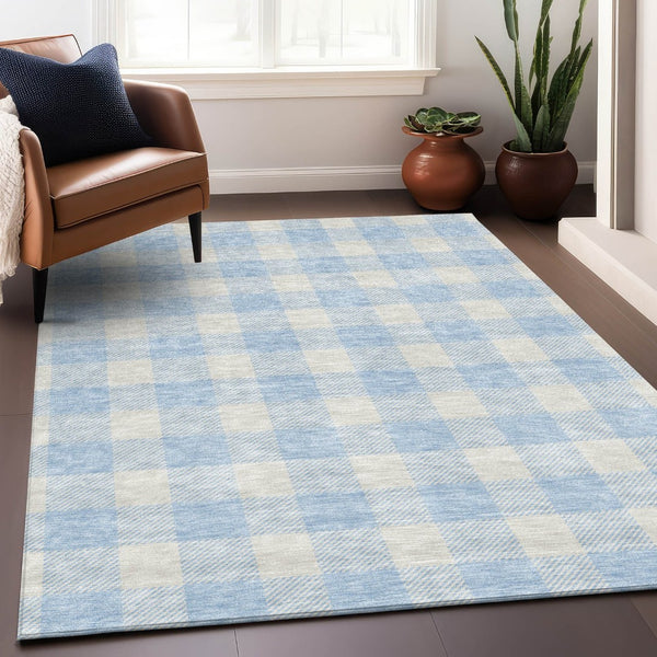 HomeRoots 9' X 12' Sky Blue & Ivory Plaid Area Rug - Durable, Washable, UV-Protected for Busy Homes & Style 673416