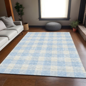 HomeRoots 9' X 12' Sky Blue & Ivory Plaid Area Rug - Durable, Washable, UV-Protected for Busy Homes & Style 673416