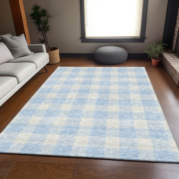 HomeRoots 9' X 12' Sky Blue & Ivory Plaid Area Rug - Durable, Washable, UV-Protected for Busy Homes & Style 673416